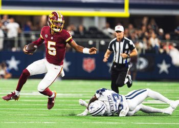 Commanders star Jayden Daniels leaves game with elbow injury